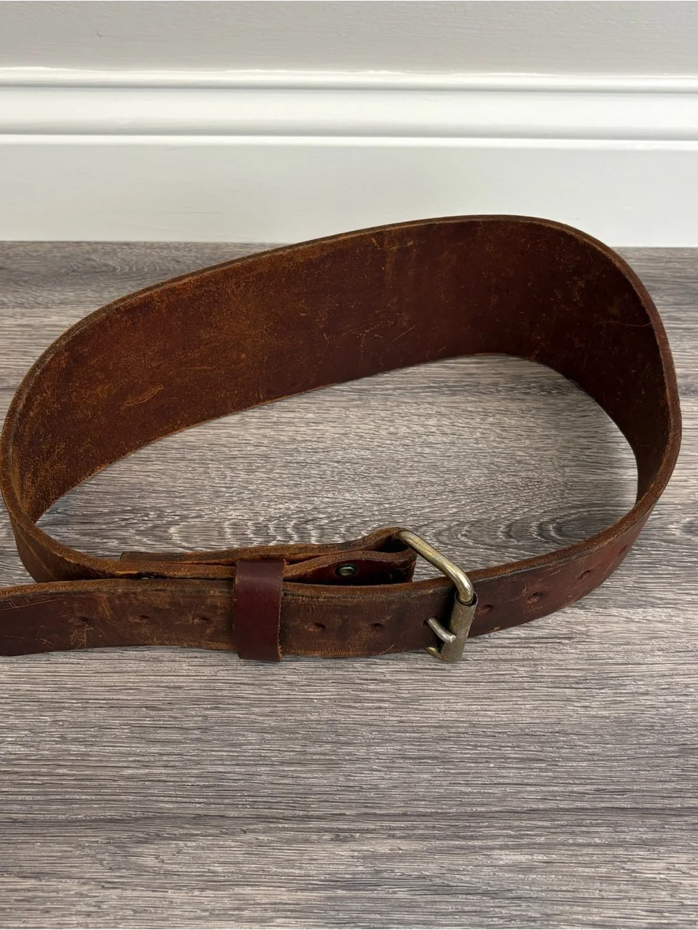 Vintage Thick Brown Leather Weightlifting Powerlifting Belt Brass Buckle